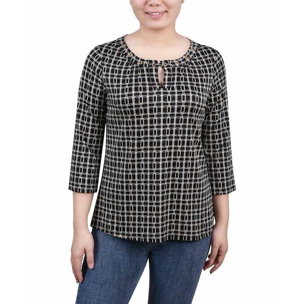 ニューヨークコレクション レディース カットソー トップス Petite Size 3/4 Sleeve Grommet Top Black..