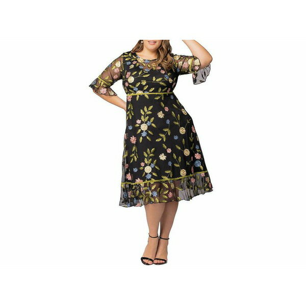 キヨナ レディース ワンピース トップス Plus Size Wildflower Embroidered Floral Mesh Dress Black blossom print