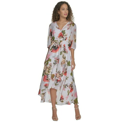 カルバンクライン レディース ワンピース トップス Women's Floral Chiffon 3/4-Sleeve High-Low Dress White Tulip Multi カルバンクライン レディース ワンピース トップス Women's Floral Chiffon 3/4-Sleeve High-Low Dress White Tulip Multi