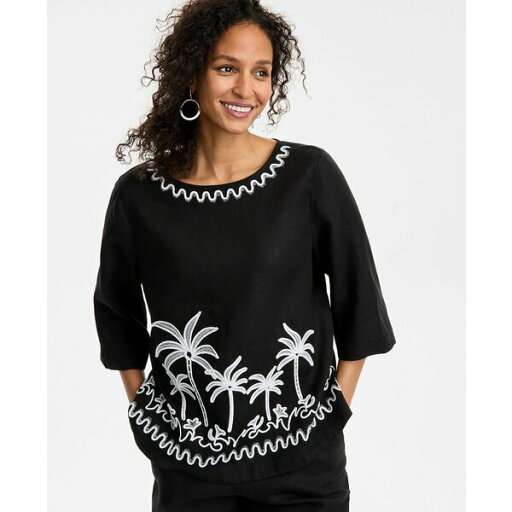 チャータークラブ レディース カットソー トップス Women's Palm-Applique 100% Linen Top, Exclusively at Macy's Deep Black チャータークラブ レディース カットソー トップス Women's Palm-Applique 100% Linen Top, Exclusively at Macy's Deep Black
