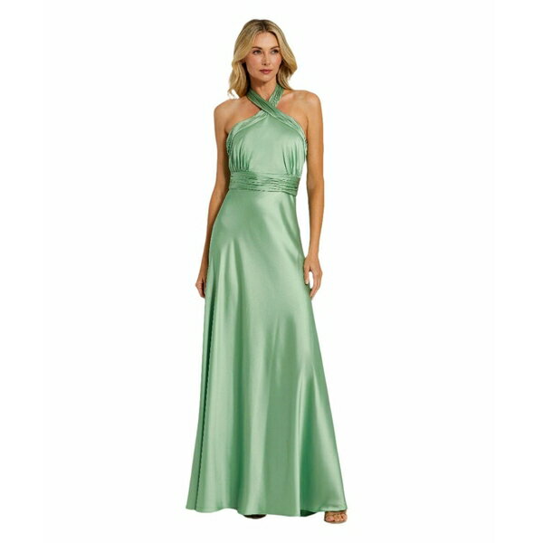 マックダガル レディース ワンピース トップス Women's Ruched Halter Neck Tie Back Satin Gown Sage