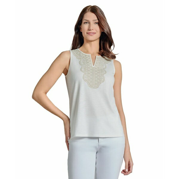 ジョーンズニューヨーク レディース カットソー トップス Women's Drapey Slub Sleeve Split Neck Top Nyc white, natural stone
