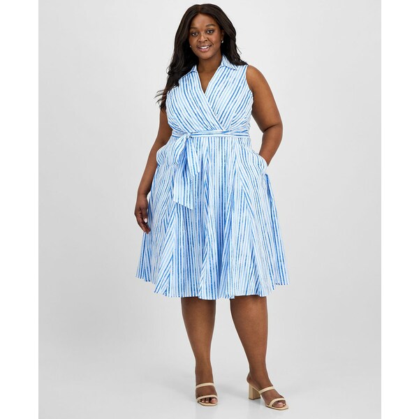 タハリエーエスエル レディース ワンピース トップス Plus Size Cotton Striped Faux-Wrap Shirtdress White/Blue