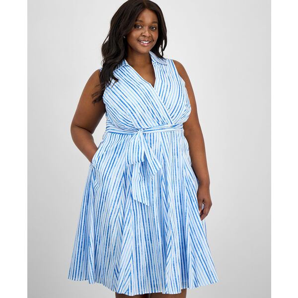 タハリエーエスエル レディース ワンピース トップス Plus Size Cotton Striped Faux-Wrap Shirtdress White/Blue