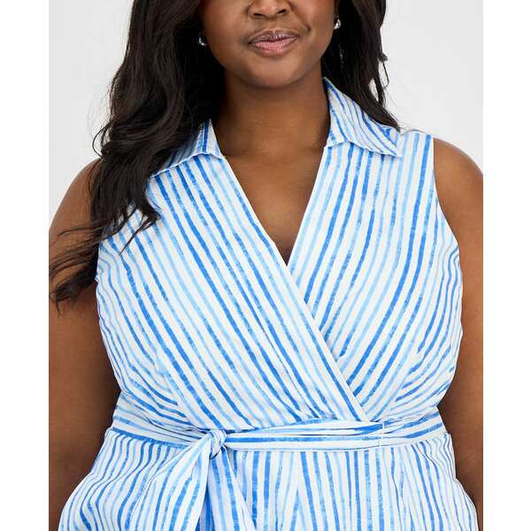タハリエーエスエル レディース ワンピース トップス Plus Size Cotton Striped Faux-Wrap Shirtdress White/Blue