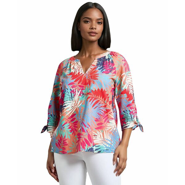 ジョーンズニューヨーク レディース カットソー トップス Petite Printed Linen-Blend Blouse Coral Sun Multi