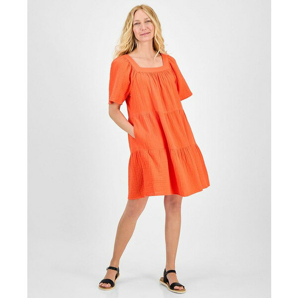 スタイルアンドコー レディース ワンピース トップス Petite Square-Neck Short-Sleeve Tiered Dress, Exclusively at Macy's Atomic Orange