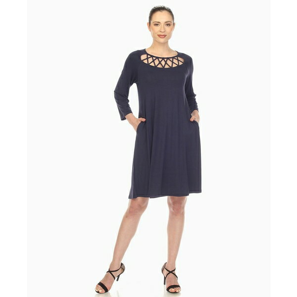 ホワイトマーク レディース ワンピース トップス Women's Criss Cross Neckline A-line Dress Navy