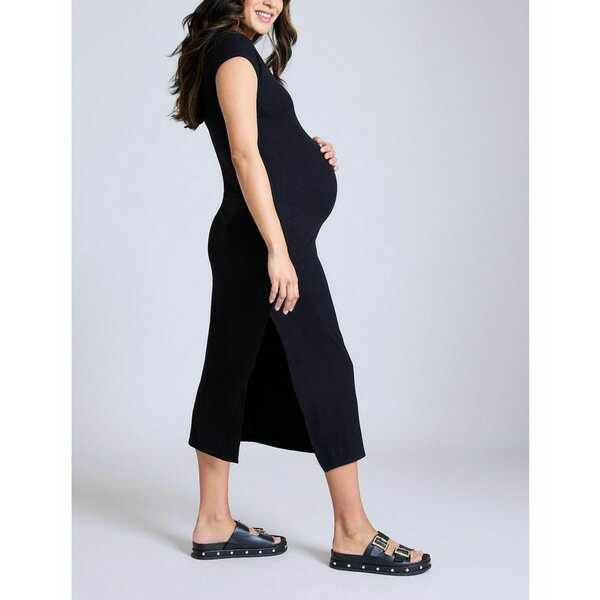 マザーフッドマタニティ レディース ワンピース トップス Maternity Rib Knit Short Sleeve Raglan Midi Dress - Motherhood Black