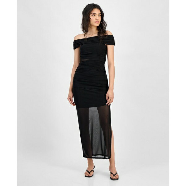 バースリー レディース ワンピース トップス Women's Off-The-Shoulder Ruched Mesh Dress, Exclusively at Macy's Deep Black