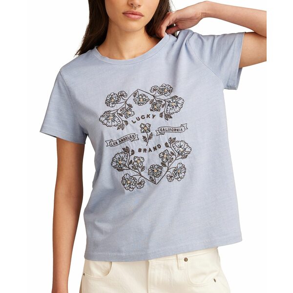 ラッキーブランド レディース カットソー トップス Women's Cotton Mirror Embroidered Floral Tee Blu..