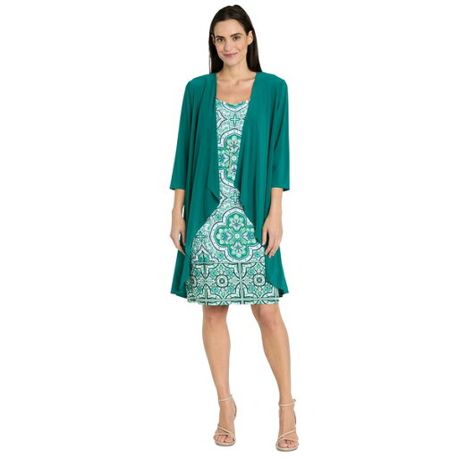 アールアンドエムリチャーズ レディース ワンピース トップス Women's Drape-Front Jacket and Necklace Dress Set Green アールアンドエムリチャーズ レディース ワンピース トップス Women's Drape-Front Jacket and Necklace Dress Set Green
