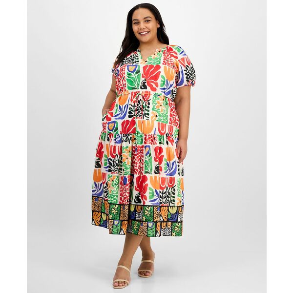 ジュリア ジョーダン レディース ワンピース トップス Plus Size Puff-Sleeve Printed Midi Dress Ivory/Multi