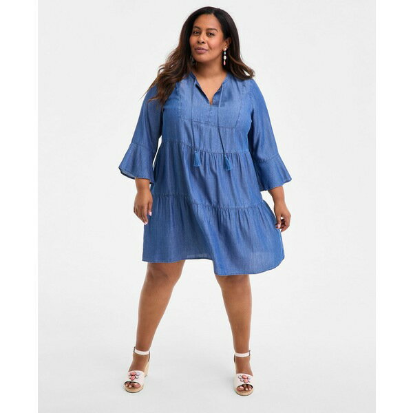 スタイルアンドコー レディース ワンピース トップス Plus Size Split-Neck Tiered Flutter-Sleeve Dress, Exclusively at Macy's Raven