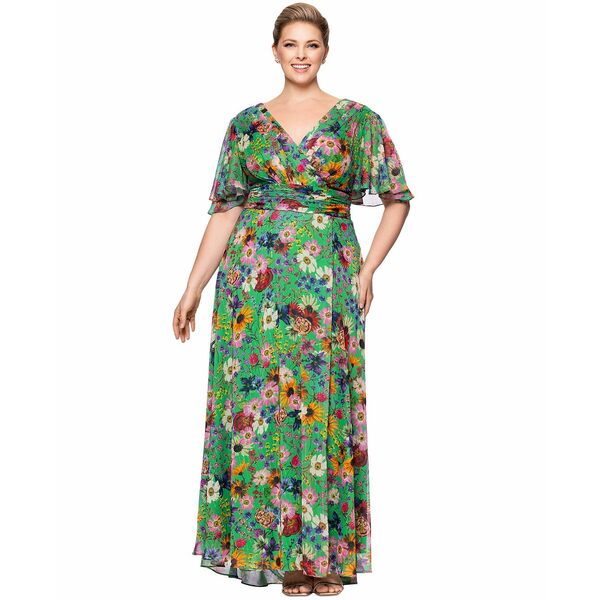 ベッツィ アンド アダム レディース ワンピース トップス Plus Size Floral-Print Flutter-Sleeve A-Line Dress Green
