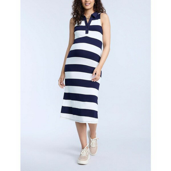 マザーフッドマタニティ レディース ワンピース トップス Women's Collared Sleeveless Polo Midi Dress - Motherhood Maternity Navy & white stripe