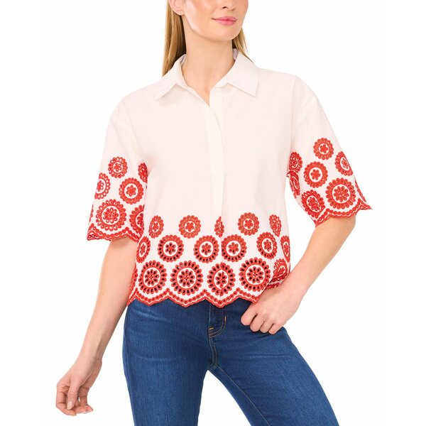 セセ レディース カットソー トップス Women's Contrast Embroidered Cotton Collared Shirt Fiery Red