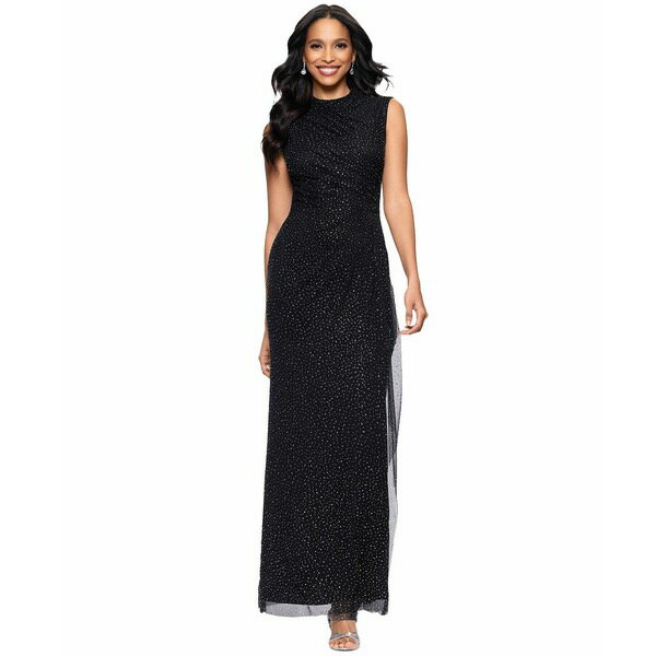 ベッツィ アンド アダム レディース ワンピース トップス Women's Mock-Neck Dot-Mesh Sleeveless Gown Black/Silver