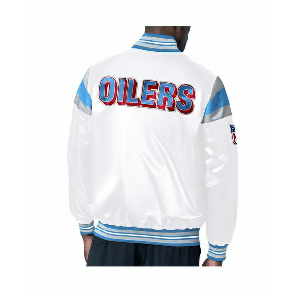  ǥ 㥱åȡ֥륾  Men's White, Light Blue Distressed Houston Oilers Vintage-Like Satin Full-Snap Varsity Jacket White, Light Blue