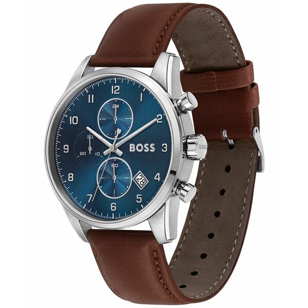 ボス レディース 腕時計 アクセサリー Skymaster Men's Chronograph Brown Leather Strap Watch 44mm Silver