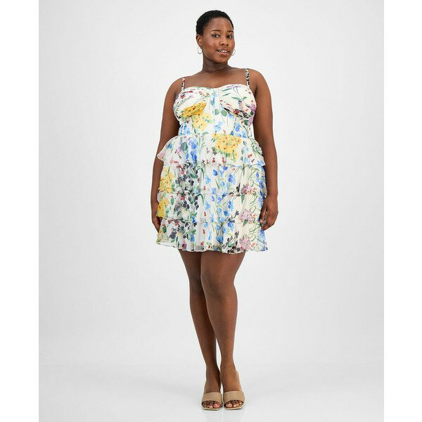 ビー ダーリン レディース ワンピース トップス Trendy Plus Size Tiered Floral Chiffon Dress Cream/multi