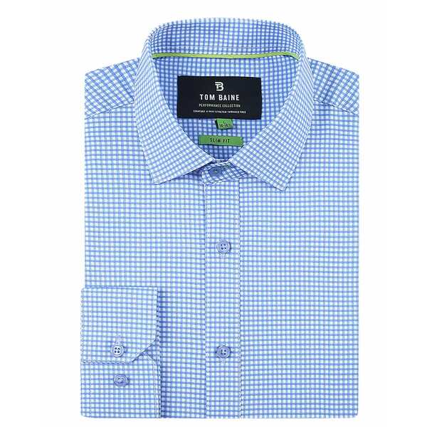 トム ベイン メンズ シャツ トップス Men's Four Way Stretch Plaid Button Down Dress Shirt Blue