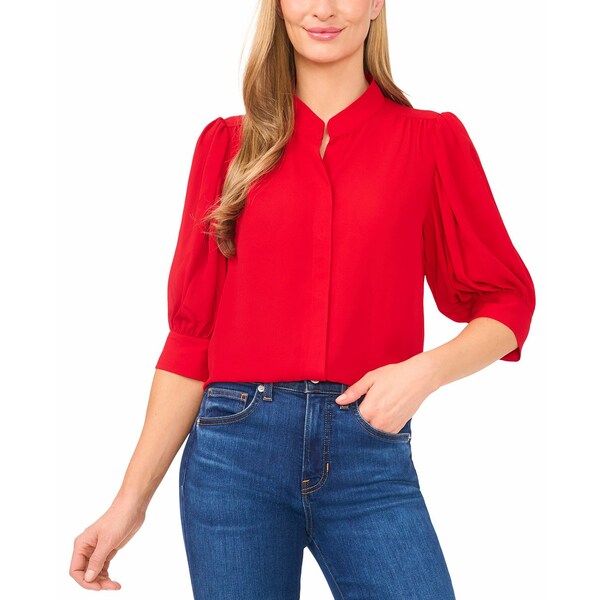 セセ レディース カットソー トップス Women's 3/4-Sleeve Collared Button Down Blouse Luminous Red