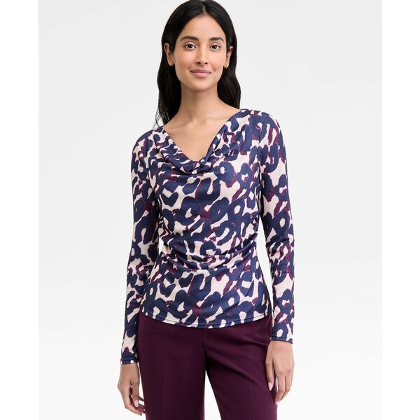 タハリエーエスエル レディース カットソー トップス Petite Cowl-Neck Draped-Waist Top Plum Leopard
