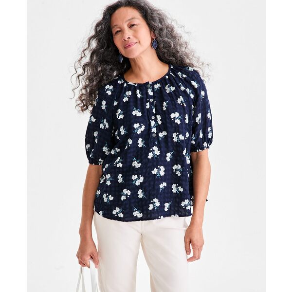 スタイルアンドコー レディース カットソー トップス Women's Printed Seersucker Split Neck Top, Mac..