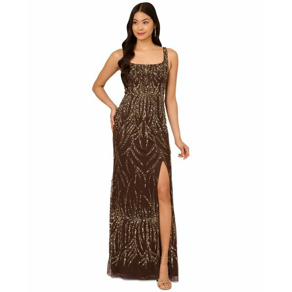 アドリアナ パペル レディース ワンピース トップス Women's Square-Neck Embellished Gown Chocolate
