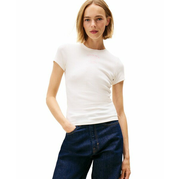 トミーヒルフィガー レディース カットソー トップス Women's Slim Western Ribbed Short-Sleeve T-Shirt Ancient White