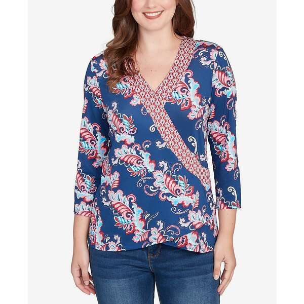 ルビーロード レディース カットソー トップス Petite Ikat Floral Puff Print Surplice Top Indigo Mu..