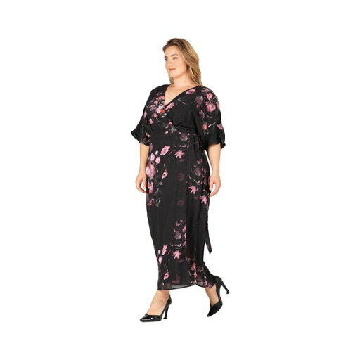 スタンダーズアンドプラクティス レディース ワンピース トップス Plus Size V-Neck Print Kimono Wrap Maxi Dress Black floral スタンダーズアンドプラクティス レディース ワンピース トップス Plus Size V-Neck Print Kimono Wrap Maxi Dress Black floral