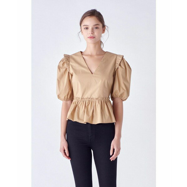 イングリッシュファクトリー レディース カットソー トップス Women's V-neckline Puff Sleeve Top Tan