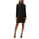 ~XN fB[X s[X gbvX Women's Sequin Mesh-Panel Mock-Neck Mini Dress Black