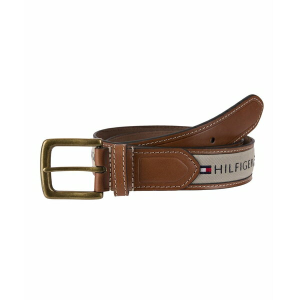トミー ヒルフィガー メンズ ベルト アクセサリー Men's Tri-Color Ribbon Inlay Leather Belt Khaki