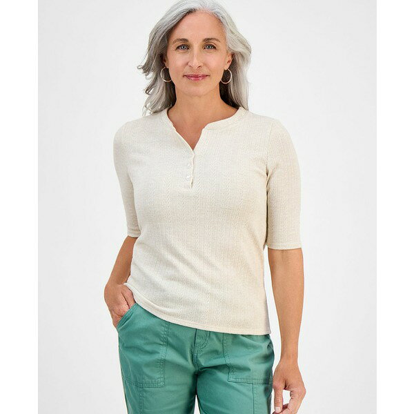 スタイルアンドコー レディース カットソー トップス Petite Pointelle Elbow-Sleeve Henley Knit Top, Exclusively at Macy's Oat