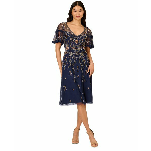 アドリアナ パペル レディース ワンピース トップス Women's V-Neck Beaded Midi Dress Navy Multi