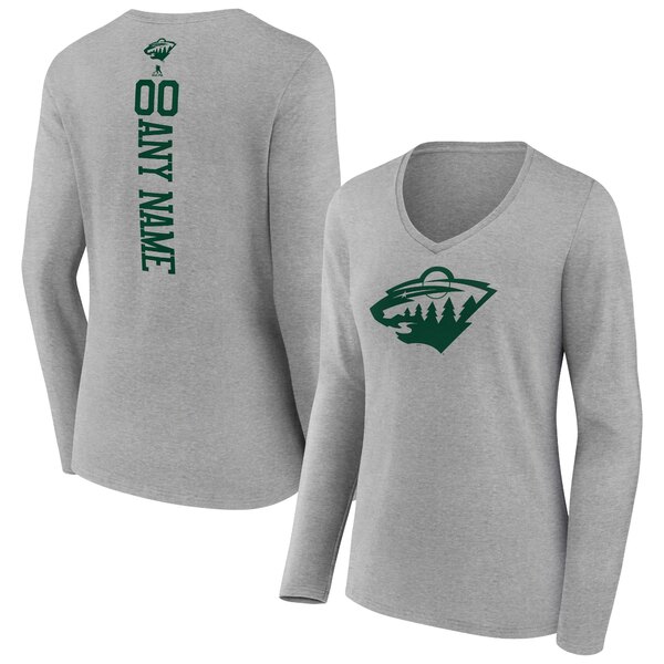 t@ieBNX fB[X TVc gbvX Minnesota Wild Fanatics Branded Women's Personalized Name & Number Long Sleeve VNeck TShirt Heather Gray