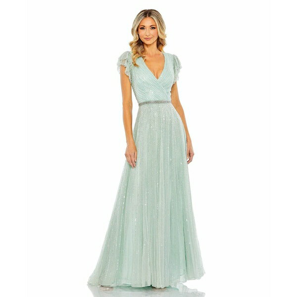 マックダガル レディース ワンピース トップス Women's Sequined Wrap Over Ruffled Cap Sleeve Gown Seamist