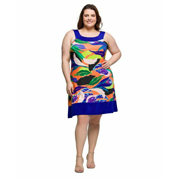 24セブンコンフォート レディース ワンピース トップス Plus Size Scoop Neck Sleeveless Knee Length Dress Blue Multi