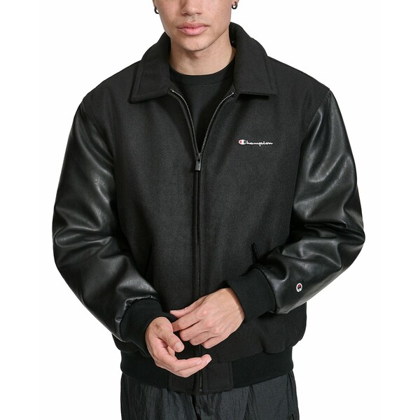 チャンピオン メンズ ジャケット＆ブルゾン アウター Men's Mixed-Media Logo Zip Varsity Jacket Black