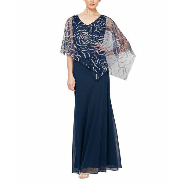エス エル ファッションズ レディース ワンピース トップス Popover V Neck Glitter Floral with Asymetric Cape Navy