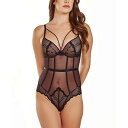 アイコレクション レディース カットソー トップス Women's Grommets Lace and Mesh Lingerie Bodysuit with Scalloped Cheeky Back Black