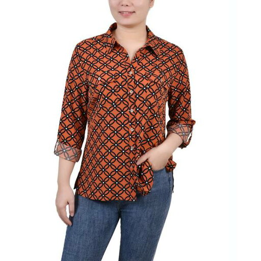 ニューヨークコレクション レディース シャツ トップス Petite 3/4 Sleeve Roll Tab Notch Collar Blouse Spice Route Black Iconic ニューヨークコレクション レディース シャツ トップス Petite 3/4 Sleeve Roll Tab Notch Collar Blouse Spice Route Black Iconic