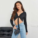 【送料無料】 アイソウイットファースト レディース カットソー トップス Tie Front Plisse Crop Shirt BLACK