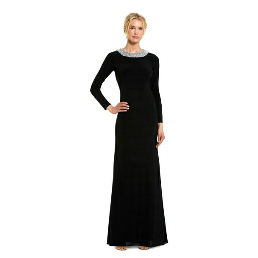 マックダガル レディース ワンピース トップス Women's Jersey Long Sleeve Fitted Gown With Beaded Neck Black マックダガル レディース ワンピース トップス Women's Jersey Long Sleeve Fitted Gown With Beaded Neck Black