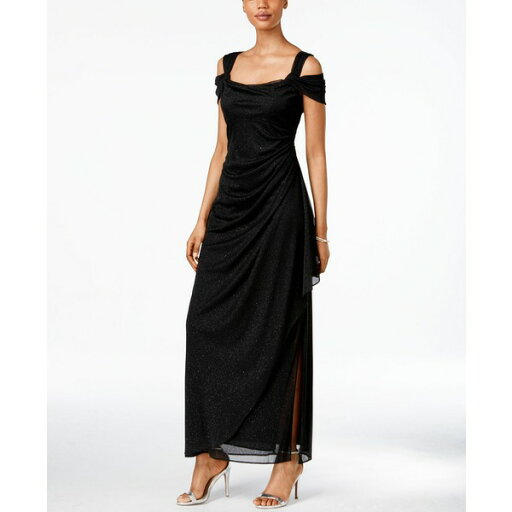 アレックスイブニングス レディース ワンピース トップス Petite Cold-Shoulder Draped Metallic Gown Black アレックスイブニングス レディース ワンピース トップス Petite Cold-Shoulder Draped Metallic Gown Black