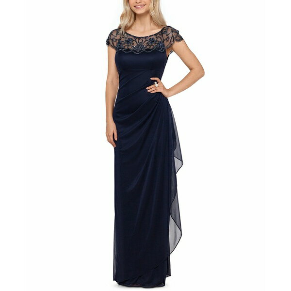 エスケープ レディース ワンピース トップス Embellished-Neck Gown Navy Blue 1