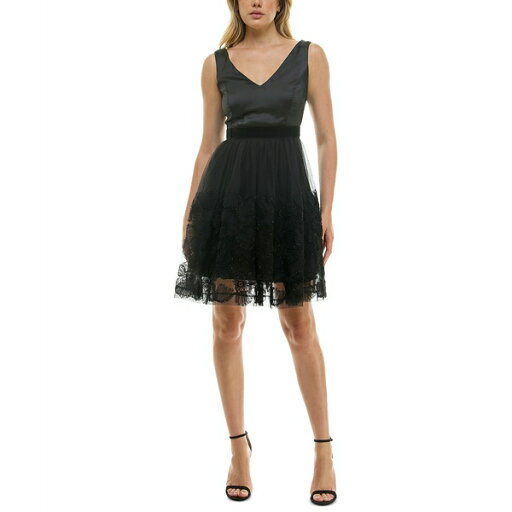 テイラー レディース ワンピース トップス Women's Embellished Mesh Skirt Fit & Flare Dress Black テイラー レディース ワンピース トップス Women's Embellished Mesh Skirt Fit & Flare Dress Black